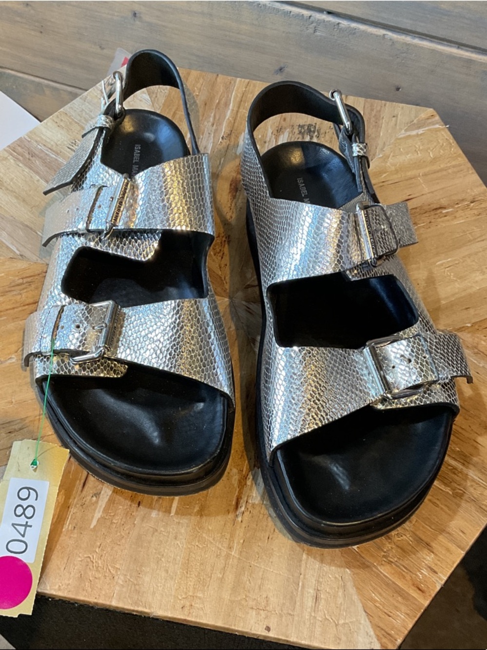 Isabel Marant Silver Textured Buckle Slingback Sandals